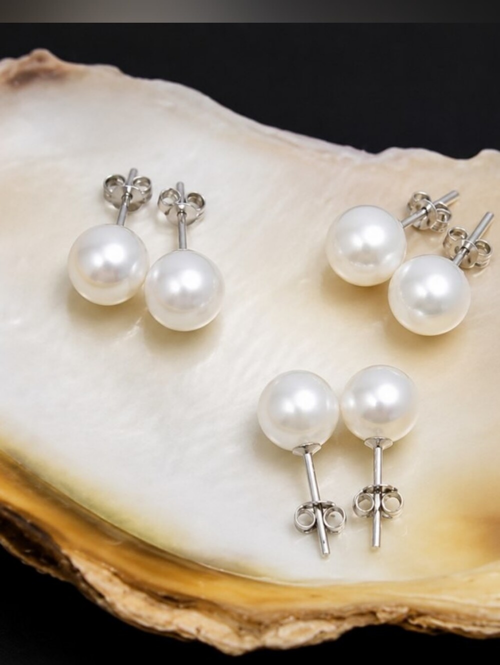 Authentic Perfect Round Pearl Stud Earrings 925 Sterling Silver